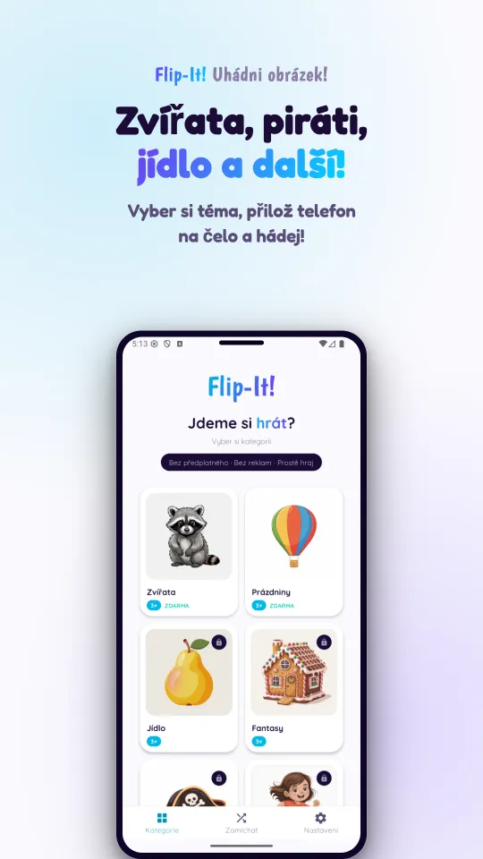Výběr témat s obrázkovými kartami Zvířata, Prázdniny, Jídlo a Fantasy a se zámkem u placených balíčků