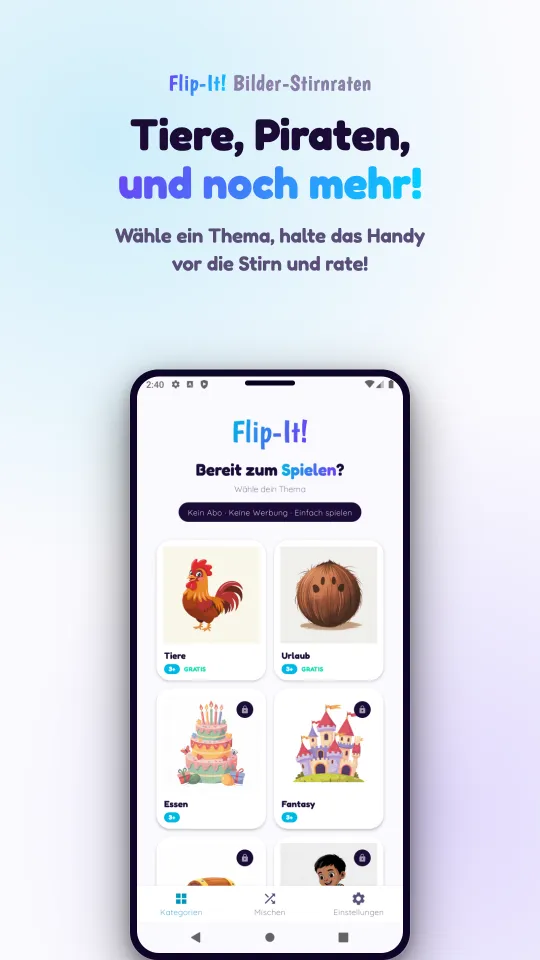 Die Themenauswahl mit Bildkarten für Tiere, Urlaub, Essen und Fantasy und einem Schloss-Symbol auf den Paketen, die man kaufen kann