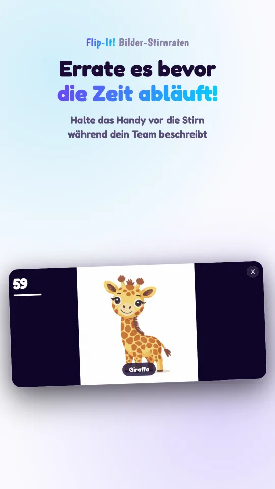 Ein laufendes Spiel auf einem quer gehaltenen Handy: Ein Bild im Cartoonstil füllt den Bildschirm, darunter steht sein Name, und in der Ecke läuft der Countdown
