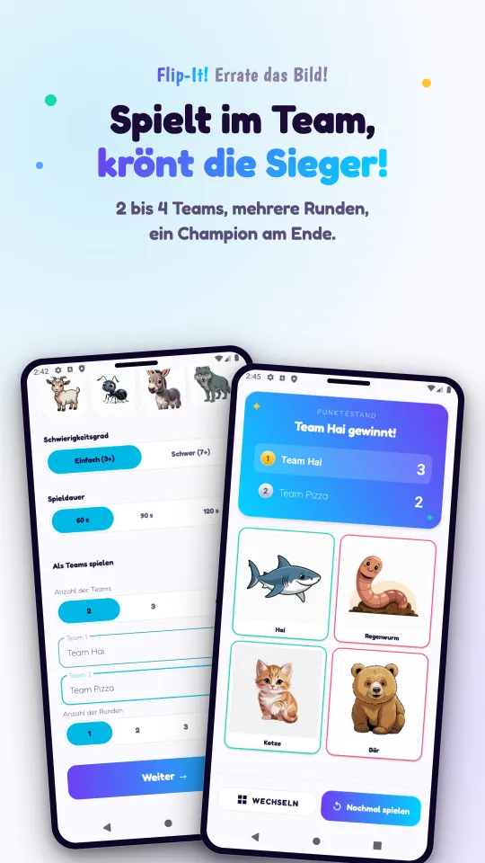Zwei Bildschirme: die Team-Einstellungen mit Schwierigkeit, Spieldauer und Teamnamen, und die Anzeigetafel, die das Siegerteam verkündet, über den Bildern der Runde