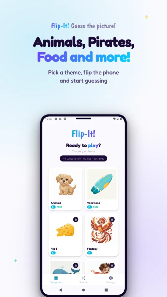 The theme picker with picture cards for Animals, Vacations, Food and Fantasy, and a lock icon on the packs to buy
