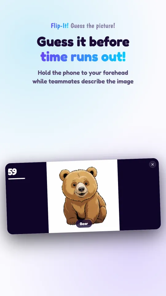 A game in progress on a phone held sideways: a cartoon bear cub fills the screen with its name, Bear, underneath, and the countdown in the corner