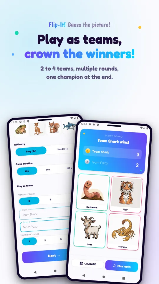 Two screens: the team setup with difficulty, game length and team names, and the scoreboard announcing that Team Shark wins, above the pictures of the round