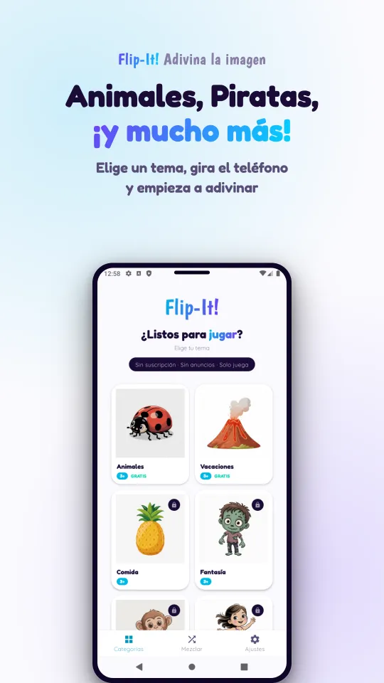 La pantalla de temas, con las cartas ilustradas de Animales, Vacaciones, Comida y Fantasía, y un candado en los packs de pago