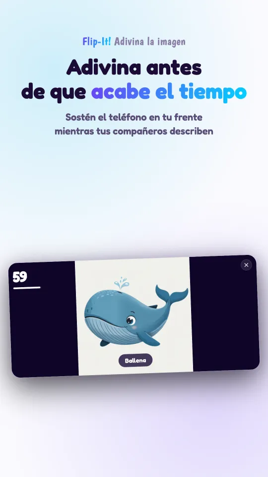 Una partida en curso en un móvil en horizontal: un dibujo ocupa toda la pantalla, con su nombre debajo, y la cuenta atrás en la esquina