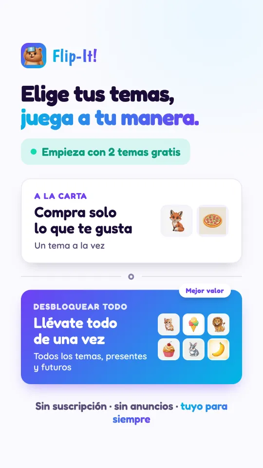 La tarjeta de precios: compra solo los packs que te gustan, de uno en uno, o desbloquea de una vez todos los packs, actuales y futuros. Sin suscripción, sin anuncios, tuyo para siempre