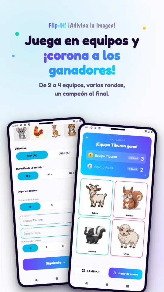 Dos pantallas: la configuración de los equipos, con la dificultad, la duración de la partida y los nombres de los equipos, y el marcador que anuncia al equipo ganador, encima de las imágenes de la partida