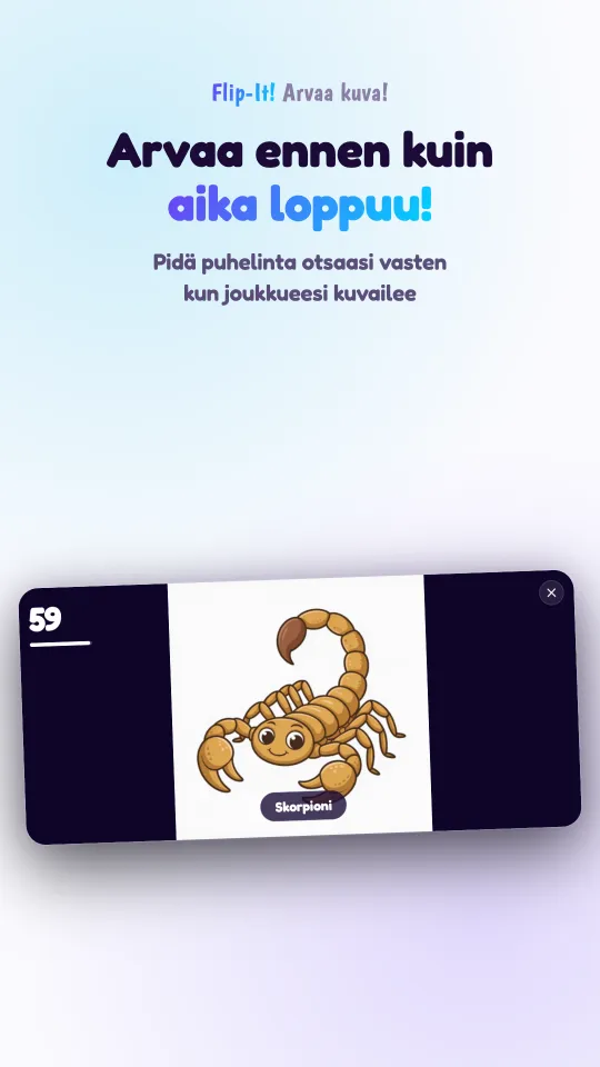 Peli käynnissä vaaka-asennossa olevalla puhelimella: piirroskuva täyttää näytön, sen nimi näkyy alla ja kulmassa näkyy jäljellä oleva aika