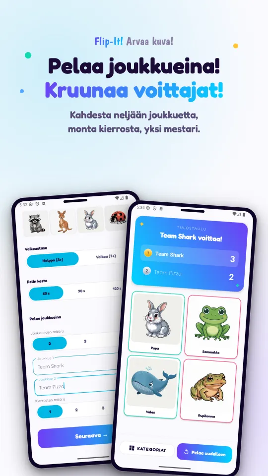 Kaksi näkymää: joukkueasetukset, joissa valitaan vaikeustaso, pelin kesto ja joukkueiden nimet, sekä tulostaulu, joka ilmoittaa voittajajoukkueen kierroksen kuvien yläpuolella