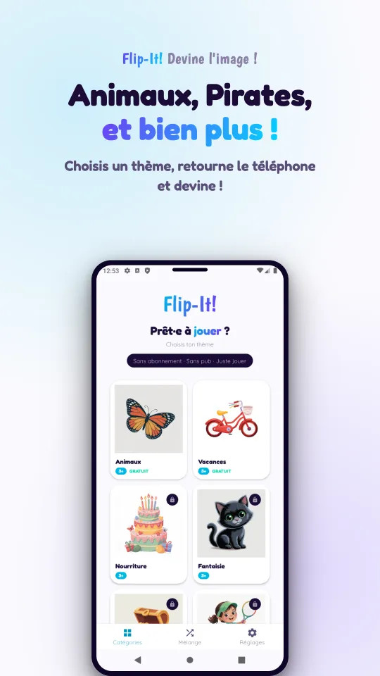 Le choix des thèmes, avec les cartes illustrées Animaux, Vacances, Nourriture et Fantaisie, et un cadenas sur les thèmes à acheter