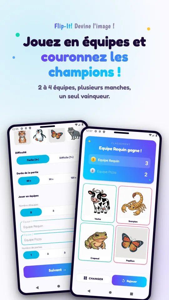 Deux écrans : le choix des équipes avec la difficulté, la durée de la partie et le nom des équipes, et le classement qui annonce la victoire de l'Équipe Requin, au-dessus des images de la partie