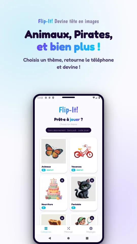 Le choix des thèmes, avec les cartes illustrées Animaux, Vacances, Nourriture et Fantaisie, et un cadenas sur les packs à acheter