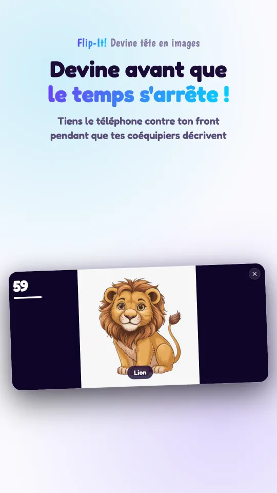 Une partie en cours sur un téléphone tenu à l'horizontale : un lion dessiné remplit l'écran, avec son nom, Lion, en dessous, et le compte à rebours dans le coin