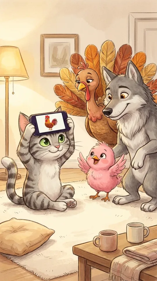 Illustration: in a cozy living room, a grey tabby cat sits on the rug holding a phone against its forehead, the screen showing a rooster, while a turkey, a wolf and a pink chick watch and cheer it on