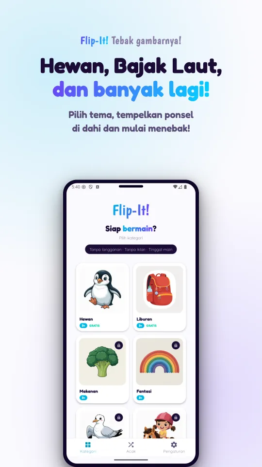 Layar pilihan tema dengan kartu bergambar untuk Hewan, Liburan, Makanan, dan Fantasi, serta ikon gembok pada paket yang perlu dibeli