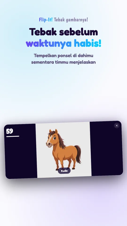 Permainan sedang berlangsung di ponsel yang dipegang menyamping: sebuah gambar kartun memenuhi layar dengan namanya di bawahnya, dan hitungan mundur di sudut layar