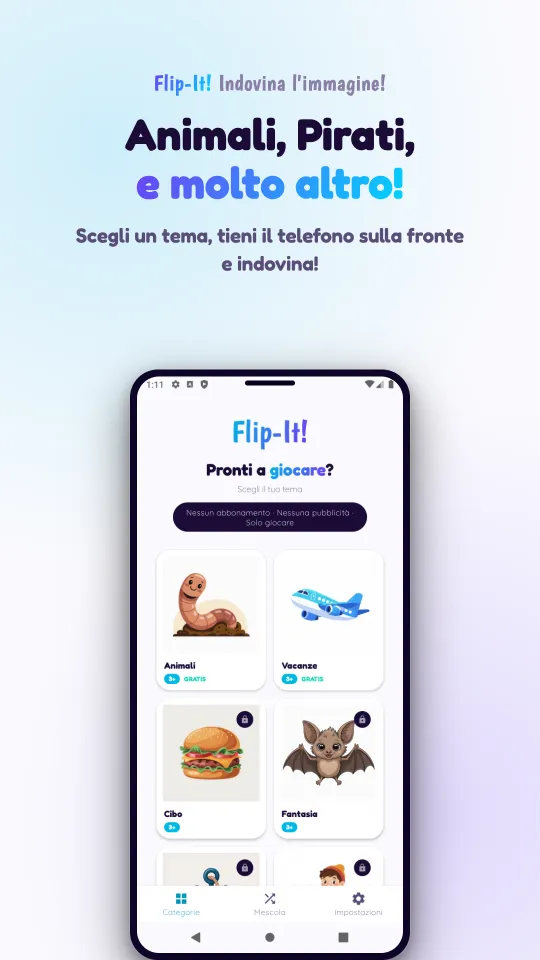 La scelta dei temi, con le carte illustrate Animali, Vacanze, Cibo e Fantasia, e un lucchetto sui pacchetti da acquistare