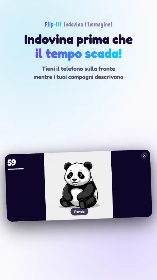 Una partita in corso su un telefono tenuto in orizzontale: un disegno riempie lo schermo, con il suo nome in italiano sotto, e il conto alla rovescia nell'angolo