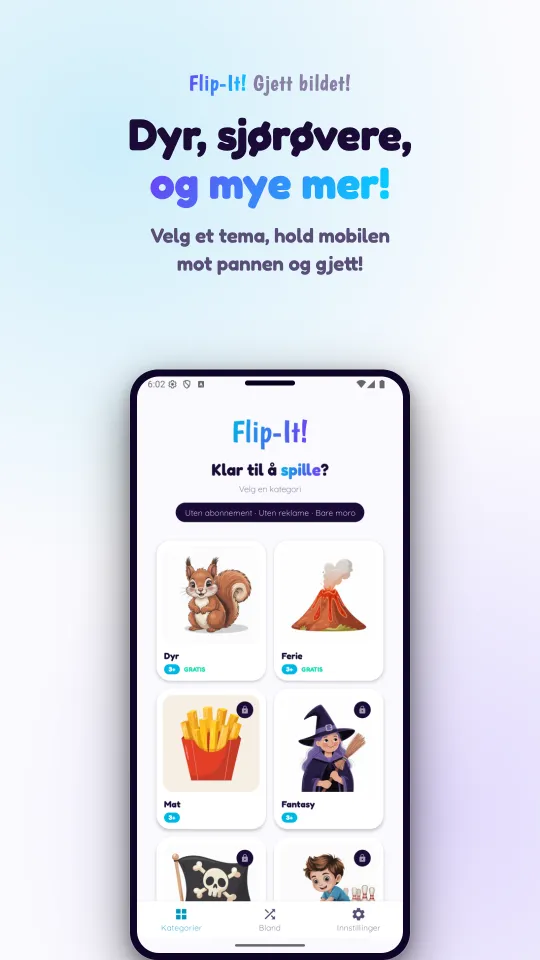 Kategorivelgeren med bildekort for Dyr, Ferie, Mat og Fantasy, og en hengelås på pakkene som må kjøpes