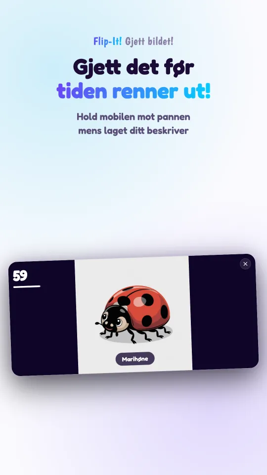 En runde i gang på en mobil som holdes på tvers: en tegning fyller skjermen med navnet under og nedtellingen i hjørnet