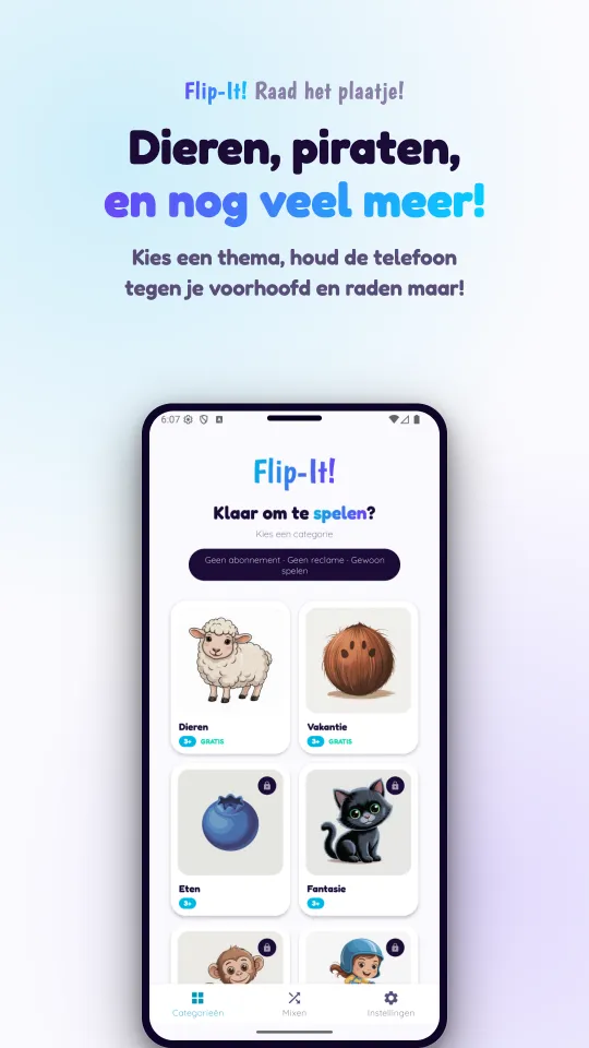 De themakeuze met plaatjeskaarten voor Dieren, Vakantie, Eten en Fantasie, en een slotje op de pakketten die je kunt kopen