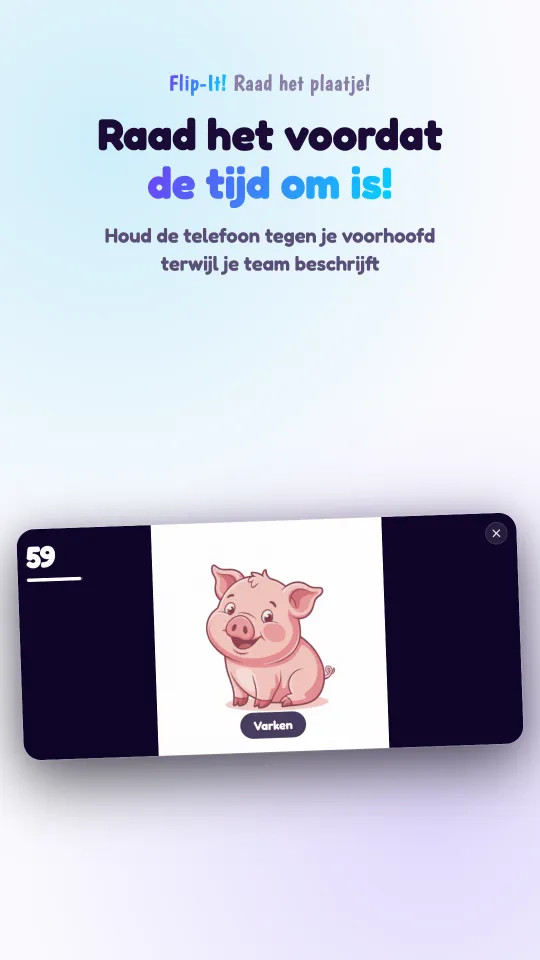 Een spel in volle gang op een telefoon in liggende stand: een getekend plaatje vult het scherm, met de naam eronder, en in de hoek telt de timer af