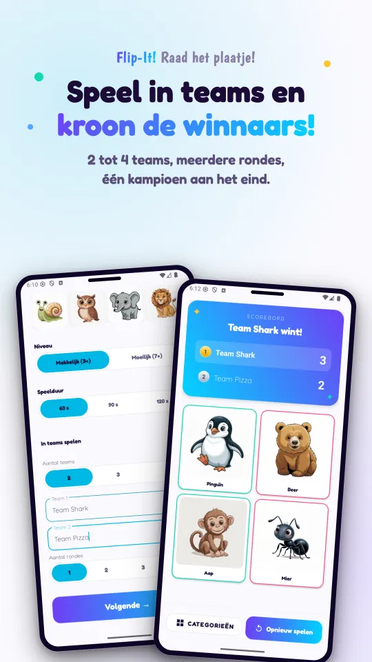 Twee schermen: de teaminstellingen met moeilijkheidsgraad, speelduur en teamnamen, en het scorebord dat het winnende team bekendmaakt, boven de plaatjes van de ronde