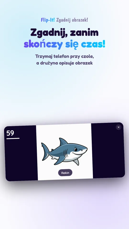 Trwająca gra na telefonie trzymanym poziomo: obrazek w stylu kreskówki wypełnia ekran, pod nim widać jego nazwę, a w rogu odliczanie czasu
