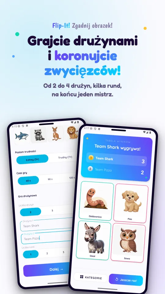 Dwa ekrany: ustawienia drużyn z poziomem trudności, czasem gry i nazwami drużyn oraz tablica wyników ogłaszająca zwycięską drużynę, nad obrazkami z rundy