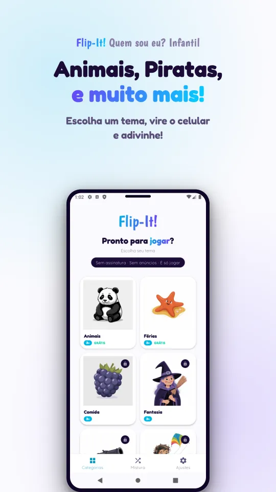 A escolha de temas, com cartas ilustradas para Animais, Férias, Comida e Fantasia, e um cadeado nos pacotes para comprar