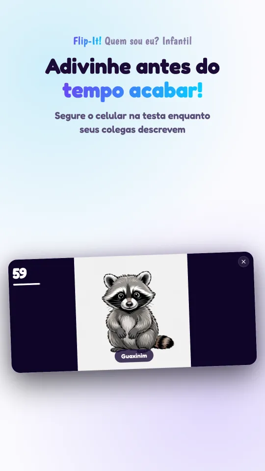 Uma partida em andamento num celular na horizontal: a imagem para adivinhar ocupa a tela, com o nome dela embaixo, e a contagem regressiva no canto