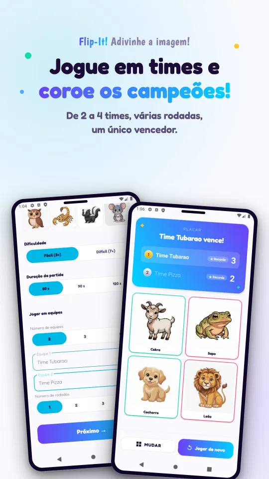 Duas telas: a configuração das equipes com dificuldade, duração da partida e nomes das equipes, e o placar anunciando a equipe vencedora, acima das imagens da rodada