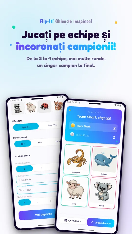 Două ecrane: configurarea echipelor, cu dificultatea, durata jocului și numele echipelor, și tabela de scor care anunță echipa câștigătoare, deasupra imaginilor din rundă