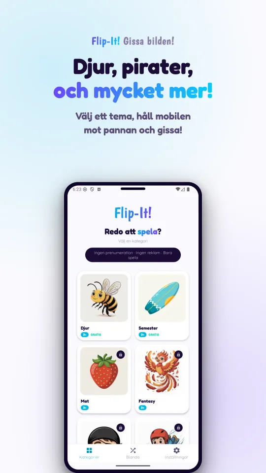 Temaväljaren med bildkort för Djur, Semester, Mat och Fantasy, och ett hänglås på paketen som går att köpa