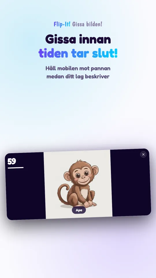 Ett pågående spel på en mobil som hålls på tvären: en tecknad bild fyller skärmen med namnet under och nedräkningen i hörnet