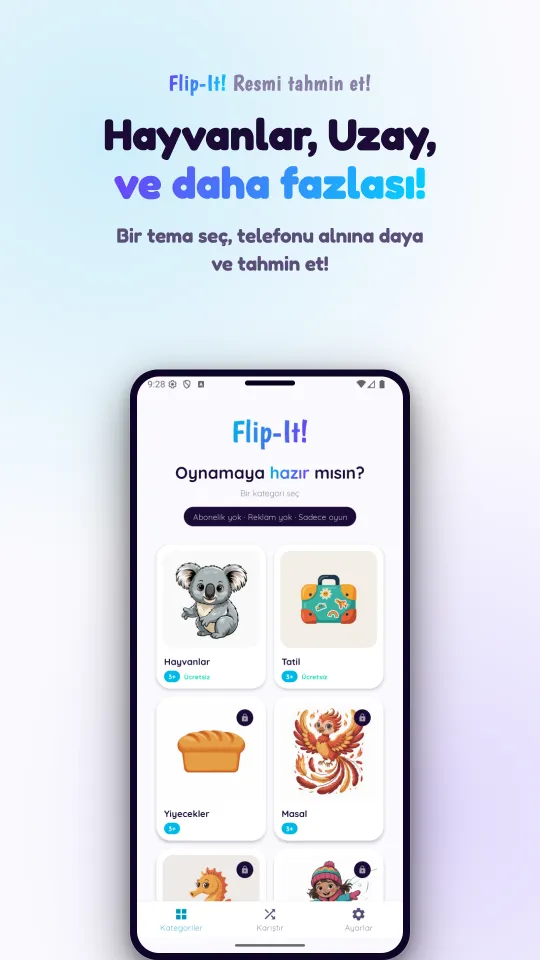 Kategori seçim ekranı: Hayvanlar, Tatil, Yiyecekler ve Masal için resimli kartlar, satın alınacak kategorilerde bir kilit simgesi