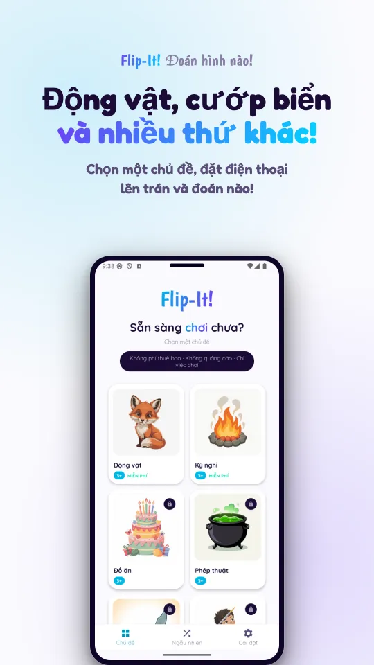 Màn hình chọn chủ đề với các thẻ hình Động vật, Kỳ nghỉ, Đồ ăn và Phép thuật, cùng biểu tượng ổ khóa trên những gói cần mua