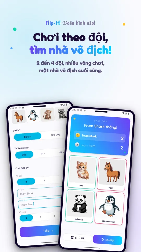Màn hình thiết lập đội với độ khó, thời lượng ván chơi và tên các đội, bên cạnh màn hình bảng điểm công bố đội thắng, phía trên các hình của ván chơi