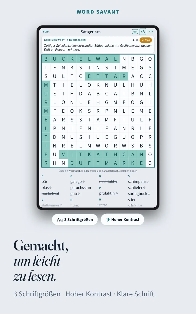 Ein Gitter in großen, kontrastreichen Buchstaben, darüber die Schaltfläche für die Schriftgröße