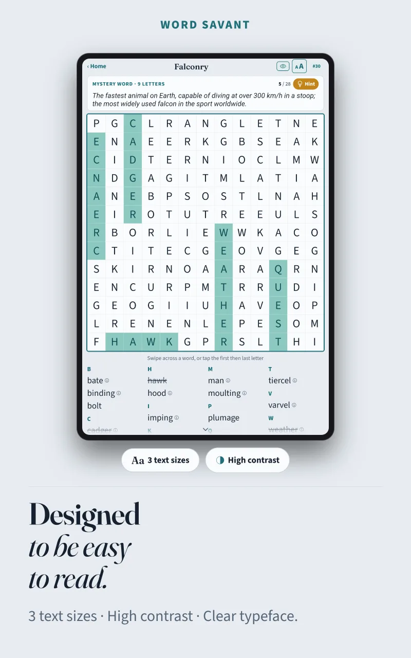 A grid in large, high contrast letters, with the text size button above it