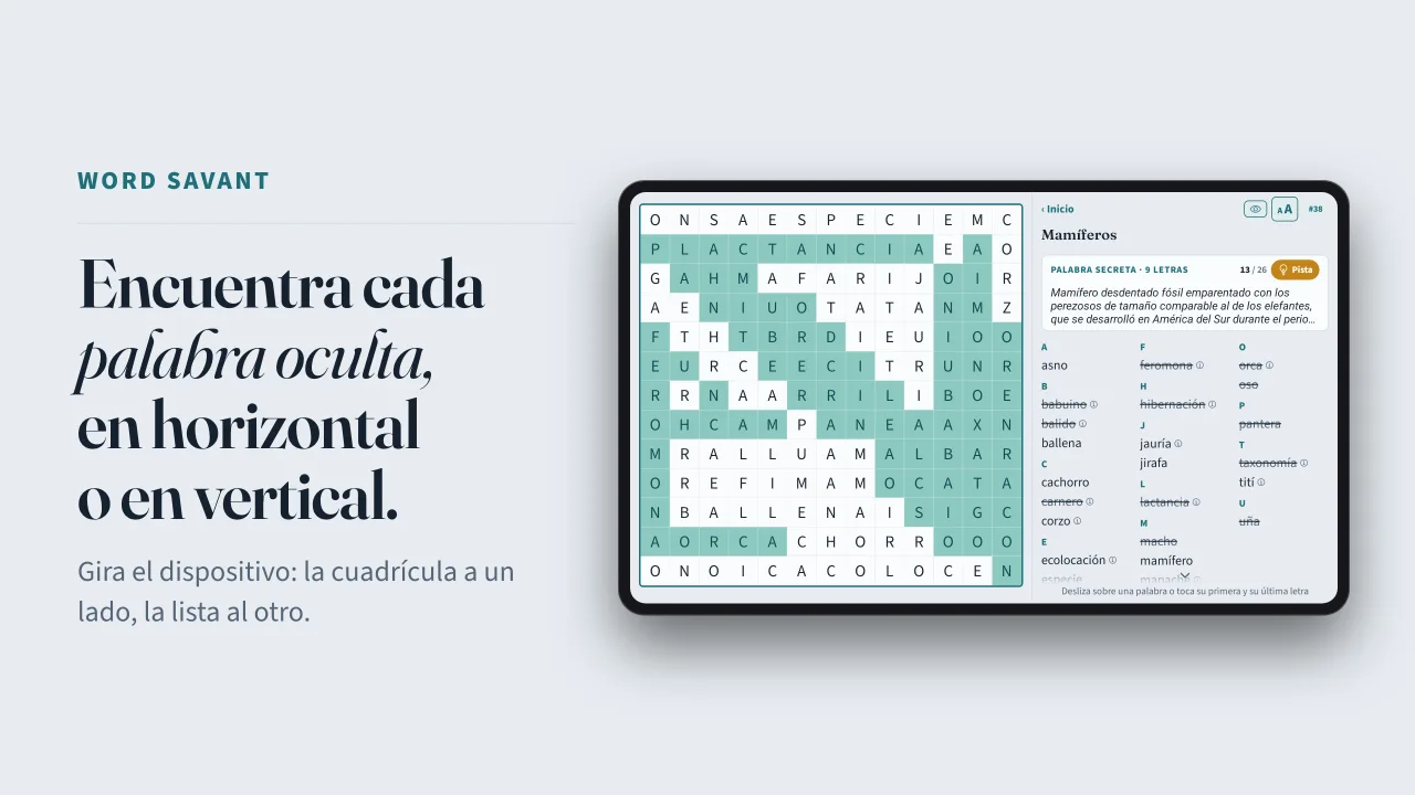 Word Savant en una tableta en horizontal: a la izquierda, una sopa de letras del tema Mamíferos resuelta a medias, con las palabras encontradas marcadas en verde azulado; a la derecha, la lista de palabras, con las encontradas tachadas y la pista de la palabra secreta encima