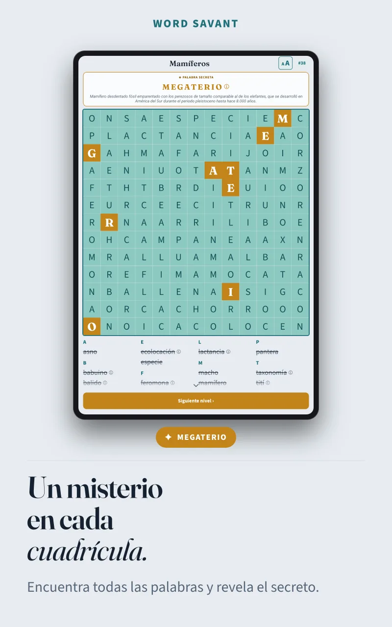 Una sopa del tema Mamíferos terminada: las letras que sobran, en ámbar, forman la palabra secreta MEGATERIO