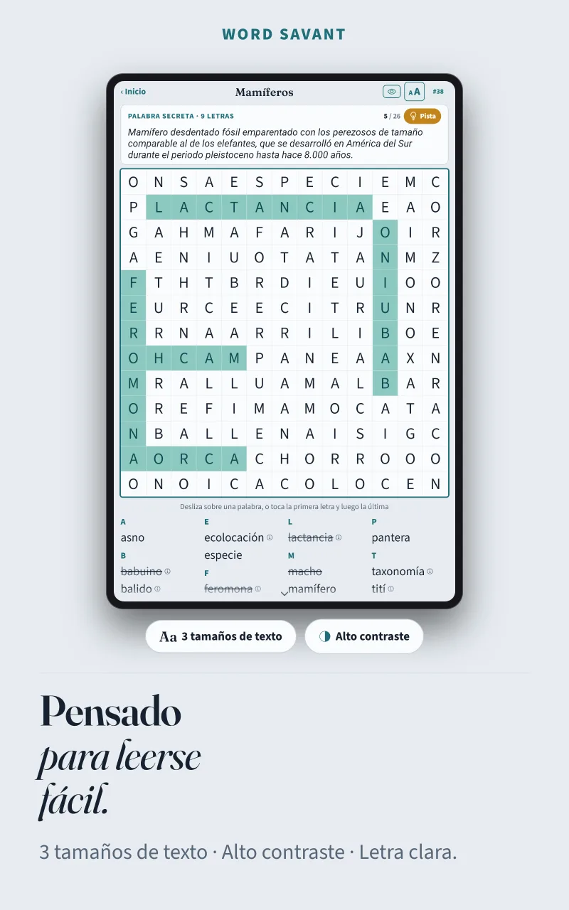 Una cuadrícula con letras grandes y de alto contraste, con el botón del tamaño del texto encima