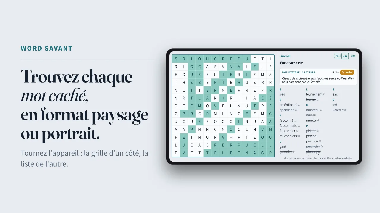 Word Savant sur une tablette en mode paysage : à gauche, une grille Fauconnerie à moitié résolue, les mots trouvés surlignés en sarcelle ; à droite, la liste des mots, les mots trouvés barrés, sous l'indice du mot mystère