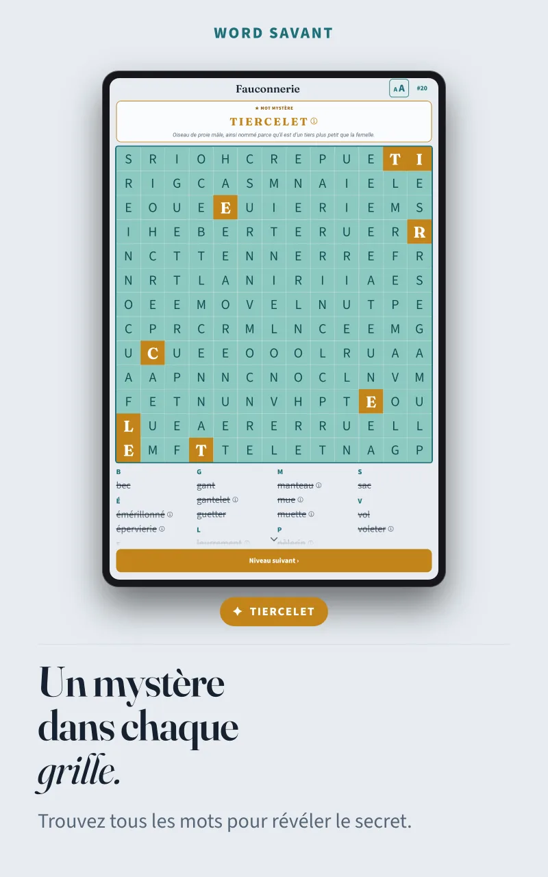 Une grille Fauconnerie terminée : les lettres qui restent, en ambre, forment le mot mystère TIERCELET