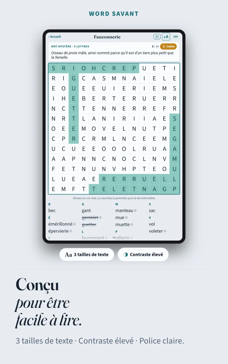 Une grille en grandes lettres bien contrastées, avec le bouton de taille du texte au-dessus
