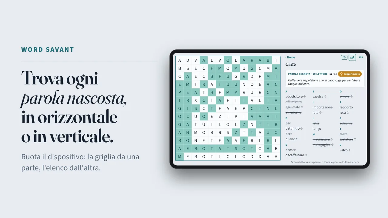 Word Savant su un tablet in orizzontale: a sinistra, uno schema sul tema Caffè risolto a metà, con le parole trovate evidenziate in verde acqua; a destra, l'elenco delle parole, con quelle trovate barrate e l'indizio della parola misteriosa sopra