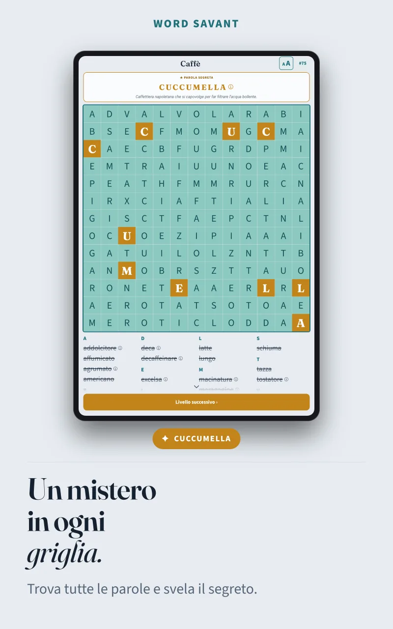 Uno schema sul tema Caffè completato: le lettere avanzate, in ambra, formano la parola misteriosa CUCCUMELLA