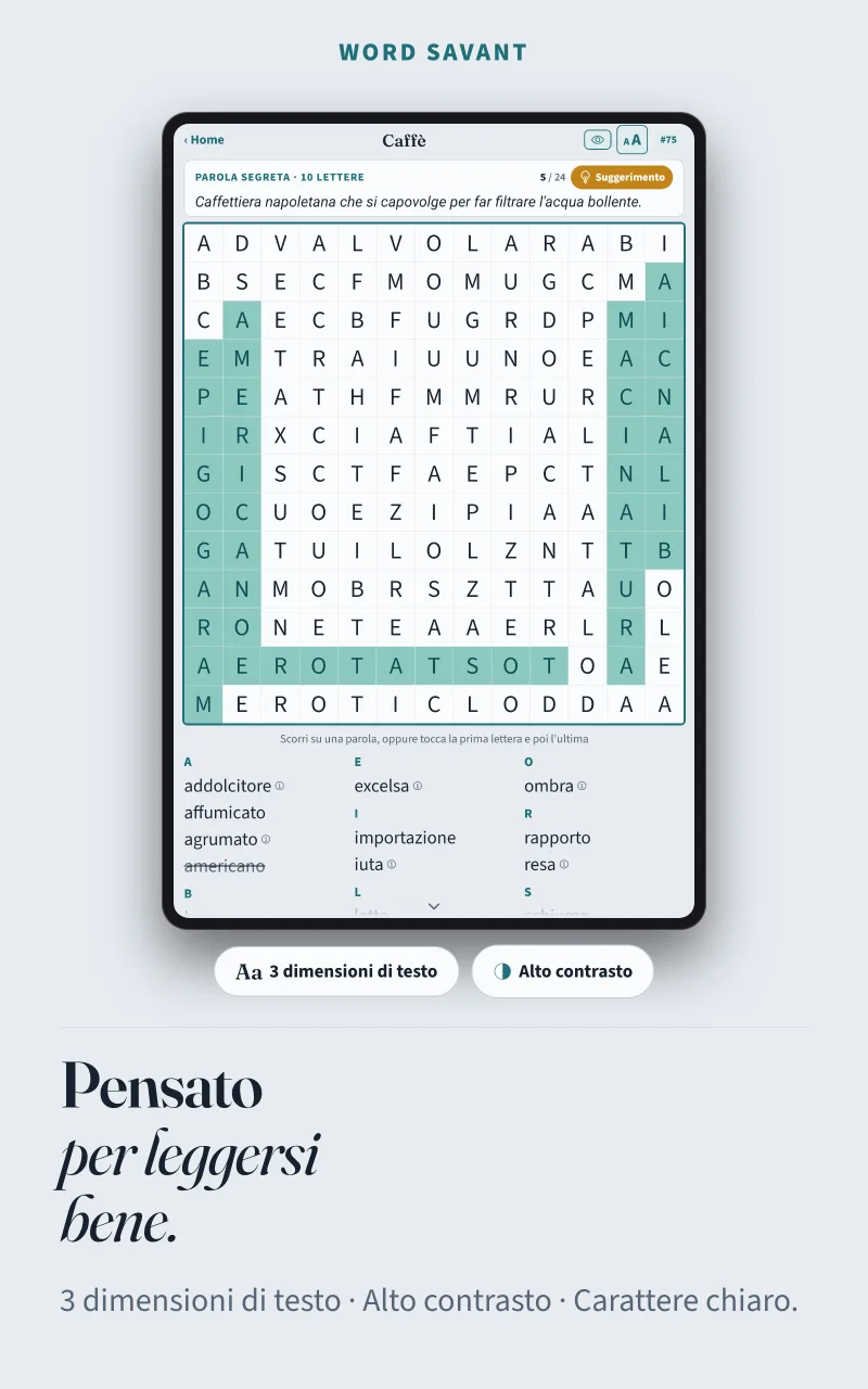 Una griglia a lettere grandi e ad alto contrasto, con il pulsante della dimensione del testo sopra